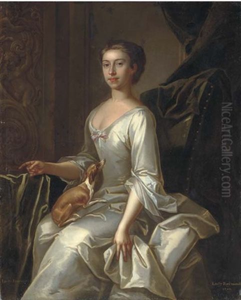 Portrait Of Lady Raymond Of Abbot's Langley, Seated, In An Oyster Satin Dress, With A Toy Terrier In Her Lap, A Plaster Relief And Green Curtain Beyond Oil Painting by Jeremiah Davison