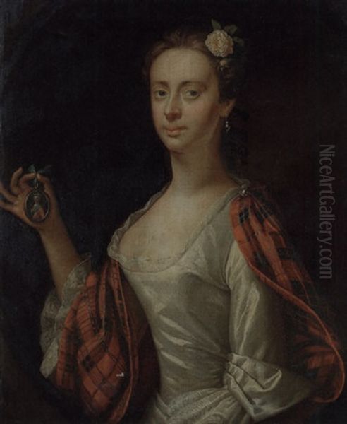 Portrait Of A Lady (jenny Cameron?) In A White Dress And Tartan Wrap Oil Painting by Jeremiah Davison