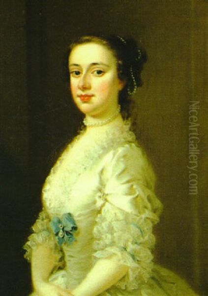 Portrait Of A Lady (catherine Sancroft?) Wearing A White Dress And Pearl Necklace And Ornaments Oil Painting by Jeremiah Davison