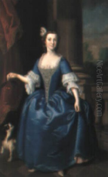 Portrait Of A Lady In A Blue Dress, A Spaniel Beside Her Oil Painting by Jeremiah Davison