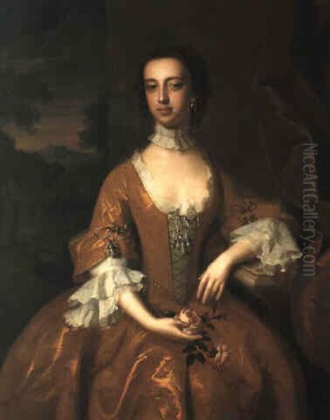 Portrait Of A Lady In A Gold Dress Holding Pink Roses by Jeremiah Davison