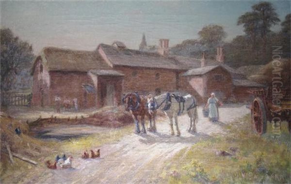 A Farmyard Scene With A Milkmaid And Cart Horses Oil Painting by Joseph Yelverton Dawbarn