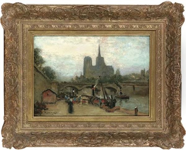 Barges On The Seine With Notre Dame Beyond Oil Painting by Joseph Yelverton Dawbarn