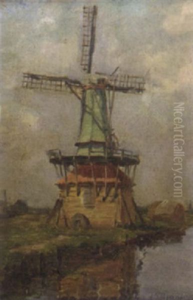 A Windmill By The Canal Oil Painting by Joseph Yelverton Dawbarn