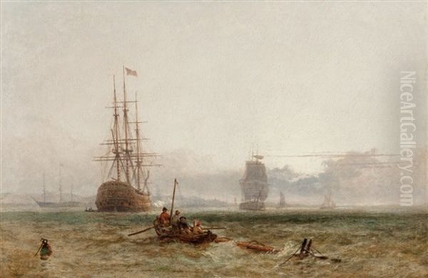 Frigates And Other Shipping Off Shore In A Light Breeze by Henry Dawson