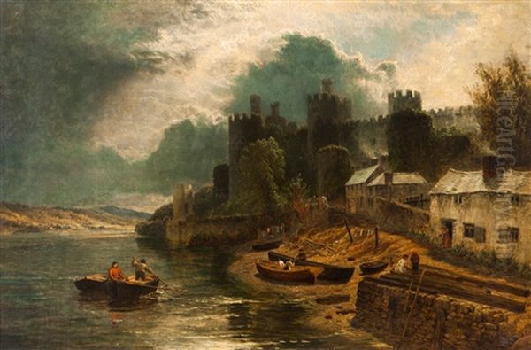 Riverscape With Boats, Figures And Houses Oil Painting by Henry Dawson