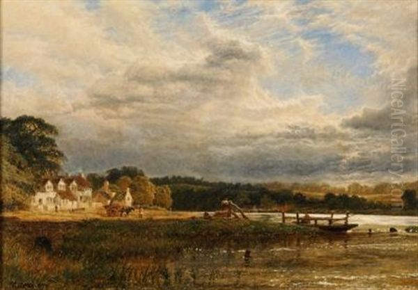 The Ferry; Possibly Gunthorpe Ferry, Nottingham, An Estuary Scene Oil Painting by Henry Dawson