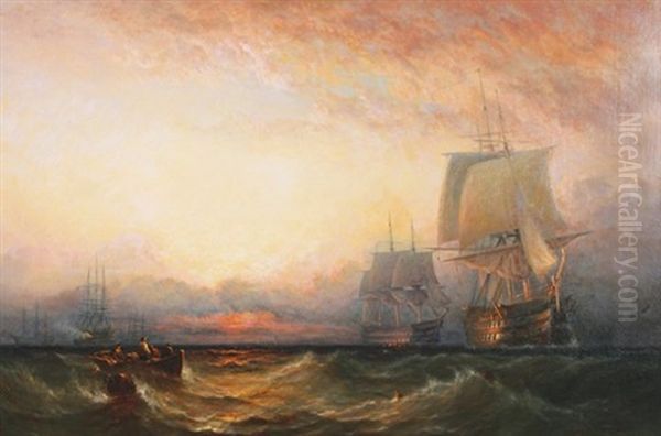 Galleons At Sunset Oil Painting by Henry Dawson