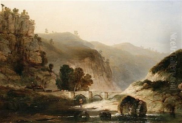 A River Landscape With An Angler In The Foreground Oil Painting by Henry Dawson