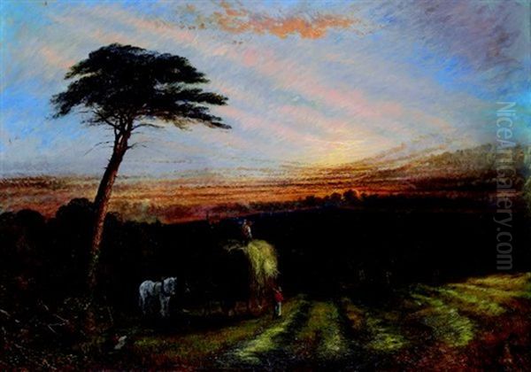 Haymaking Evening Over Sutton Coldfield Near Handsworth Old Church (collab. With Ernest Parton) Oil Painting by Henry Dawson