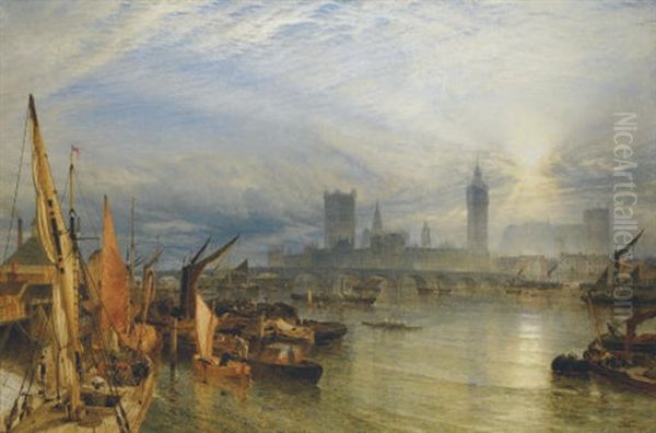 The New Houses Of Parliament, Westminster Oil Painting by Henry Dawson