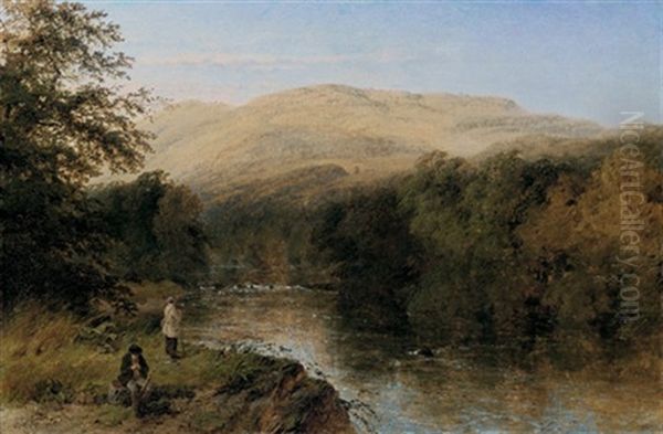 Fishing In A Mountainous Landscape Oil Painting by Henry Dawson