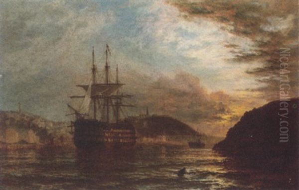 A Three-decker Lying In The River At Dusk Oil Painting by Henry Dawson