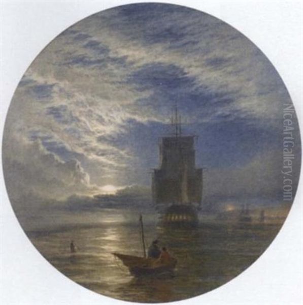 A Frigate Becalmed Off A Port By Moonlight Oil Painting by Henry Dawson