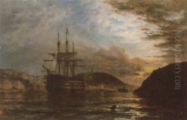 A Three-decker Lying At Anchor In The River At Dusk Oil Painting by Henry Dawson