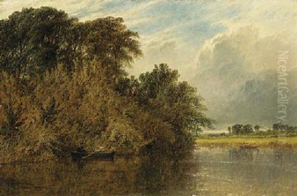 The River Trent, With Men Rowing In Boats Oil Painting by Henry Dawson