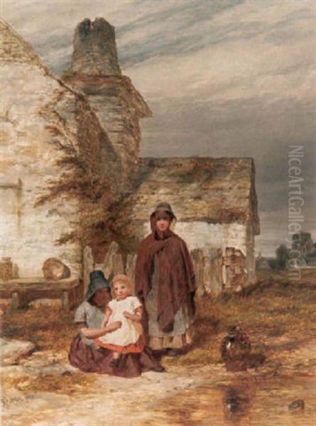 Kinder Vor Einem Englischen Cottage Oil Painting by Henry Dawson