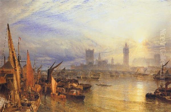 The New Houses Of Parliament, Westminster Oil Painting by Henry Dawson