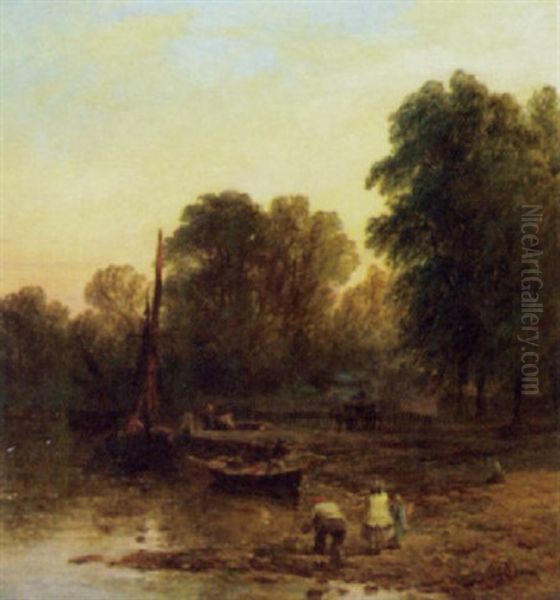 Shoreline Scene With Boats And Figures Oil Painting by Henry Dawson