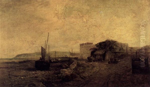 A Coastal Scene With Figures On A Path In The Foreground Oil Painting by Henry Dawson