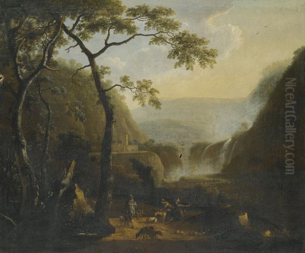 A Landscape With Hunters Near A Waterfall Oil Painting by Barend Appelman