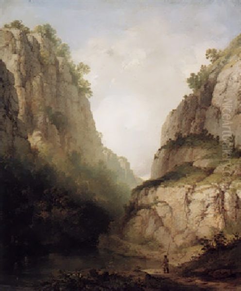 Landscape With A Fisherman At The Foot Of A Deep Gorge Oil Painting by Henry Dawson