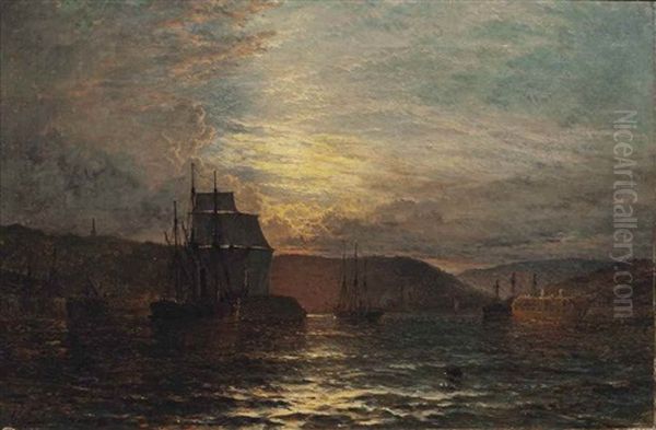 A Screw Steamer And Other Vessels Moored By A Harbour Wall, A Prison Hulk Beyond Oil Painting by Henry Thomas Dawson