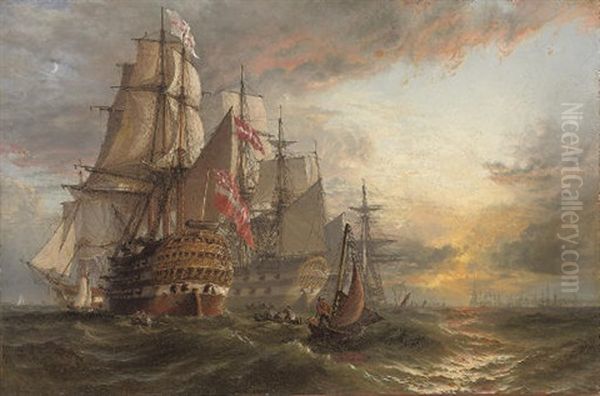 A Squadron Of Danish Warships Moored Off The Entrance To Portsmouth Harbour Oil Painting by Henry Thomas Dawson