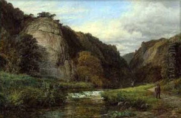 Expansive Mountainous Landscape With A Man Walking On A Path Oil Painting by Henry Thomas Dawson