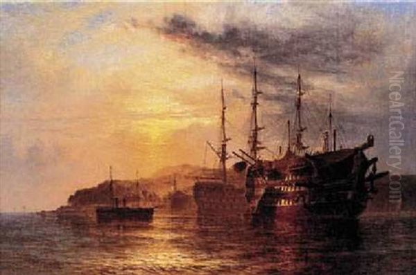 A Three Decker Laying By A Hulk With A Steamship Heading To Shore Off The Devonshire Coast Oil Painting by Henry Thomas Dawson