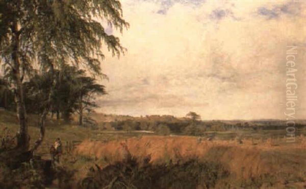 Harvesters In An Extensive Landscape Oil Painting by Henry Thomas Dawson