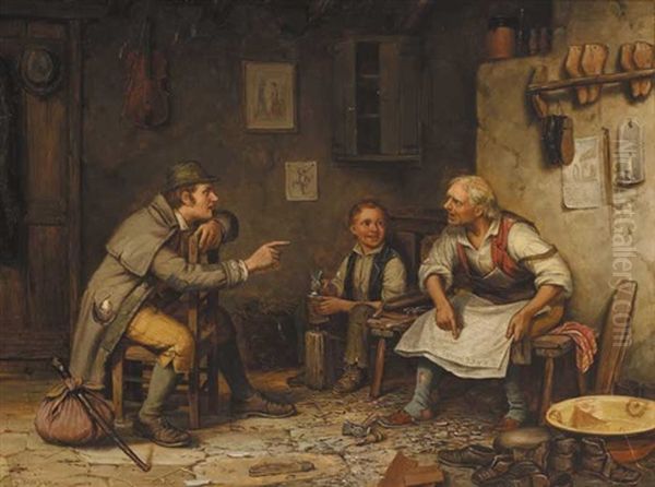 Cobbler Holding The Freeman's Journal With Traveller And Young Apprentice Oil Painting by Septimus Dawson