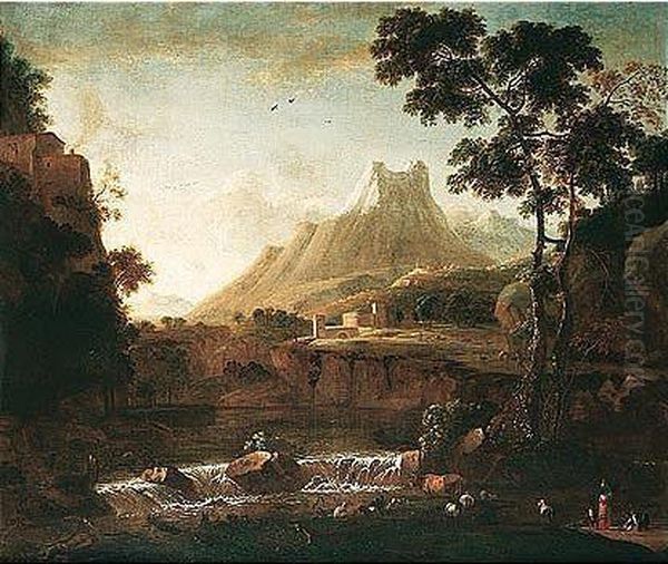 A Mountainous Landscape With Herders Watering Their Animals In The Foreground, A Fortress Beyond Oil Painting by Barend Appelman