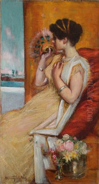 Portrait Of A Woman With Fan Gazing Out Window (possibly The Artist's Wife, Mary Hoyt Sellar) Oil Painting by Dawson Dawson-Watson