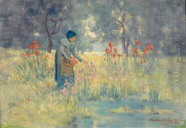 Woman Picking Flowers Oil Painting by Dawson Dawson-Watson