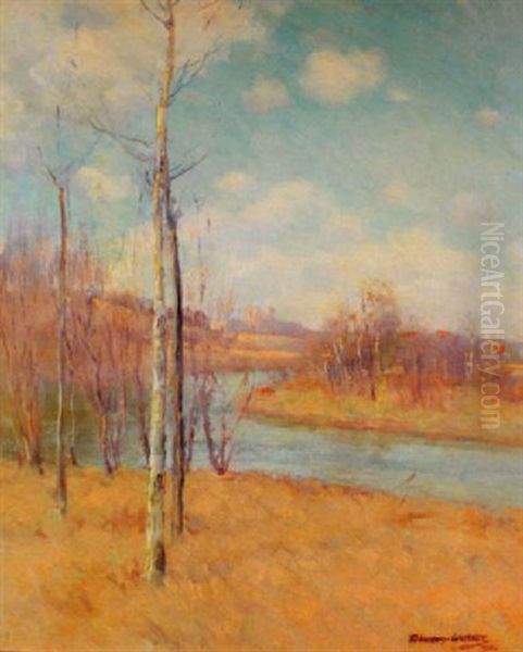 River Landscape With Foreground Birches Oil Painting by Dawson Dawson-Watson