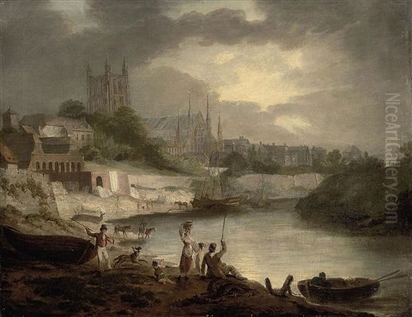 A View Of Worcester Cathedral From The Wye, With A Washerwoman And Anglers In The Foreground, And Fishing Boats Tied Up Beyond Oil Painting by Edward Dayes