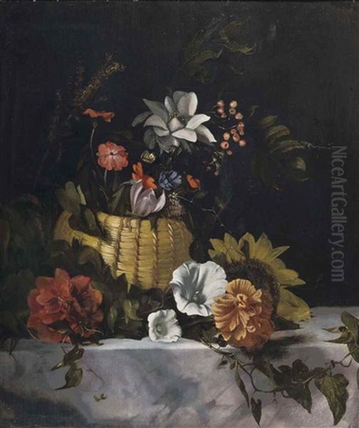 A Basket Of Flowers On A Marble Ledge Oil Painting by Dirck de Bray