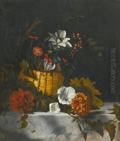 A Still Life Of A Basket Of Flowers On A Large Marble Ledge Oil Painting by Dirck de Bray