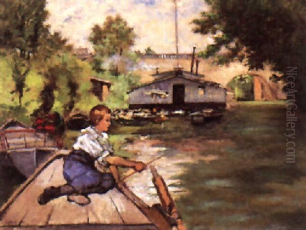 A Young Boy Fishing Oil Painting by Joseph De Camp