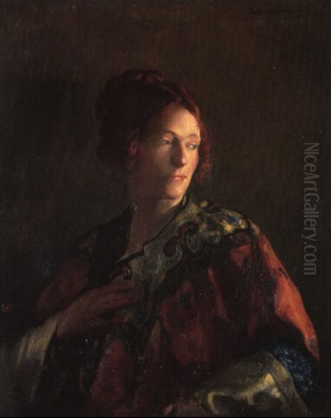 Red & Gold (portrait Of Miss Pearson) Oil Painting by Joseph De Camp