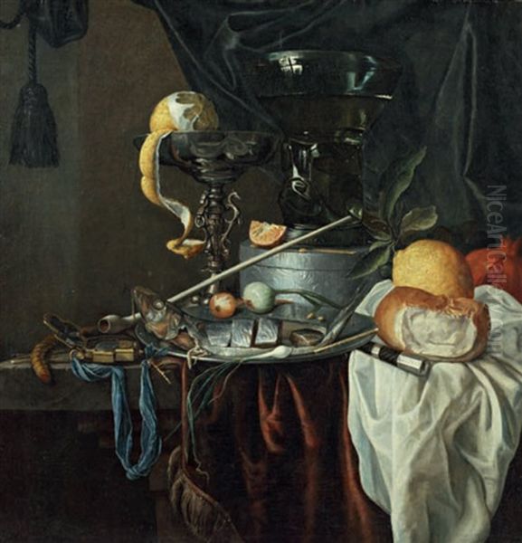 Nature Morte Au Verre Roemer Et A La Pipe Oil Painting by Jan Jansz de Heem the Younger