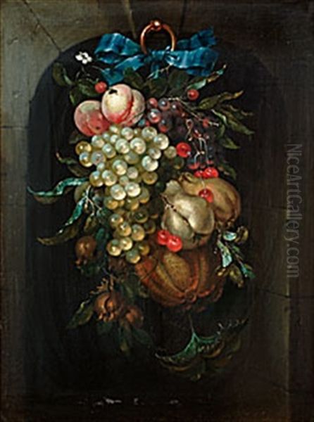 Stilleben Med Frukter Hangande I Bla Sidenrosett Oil Painting by Jan Jansz de Heem the Younger