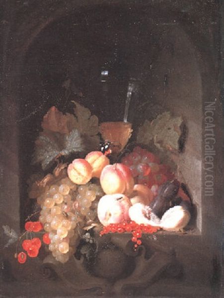 Still Life Of Covered Glass Cup, Peaches, Plums And Other Fruits Oil Painting by Jan Jansz de Heem the Younger