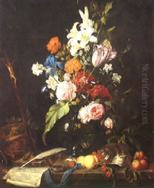 A Still Life With Flowers In A Vase And Fruit, A Conch And A Writing Quill On A Ledge Oil Painting by Jan Jansz de Heem the Younger