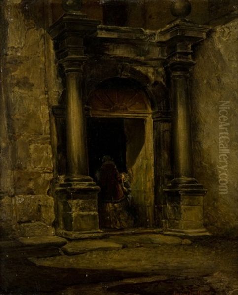 Figure Presso L'antico Portale Oil Painting by Mario De Maria