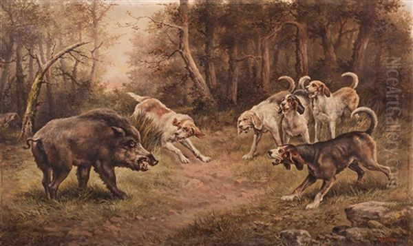 Chiens Traquant Un Sanglier Oil Painting by Gaspard De Toursky