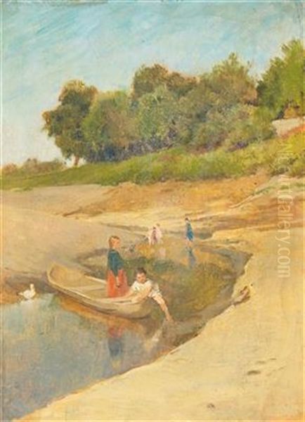 Children Playing In A Stream In Summer Oil Painting by Lajos Deak Ebner