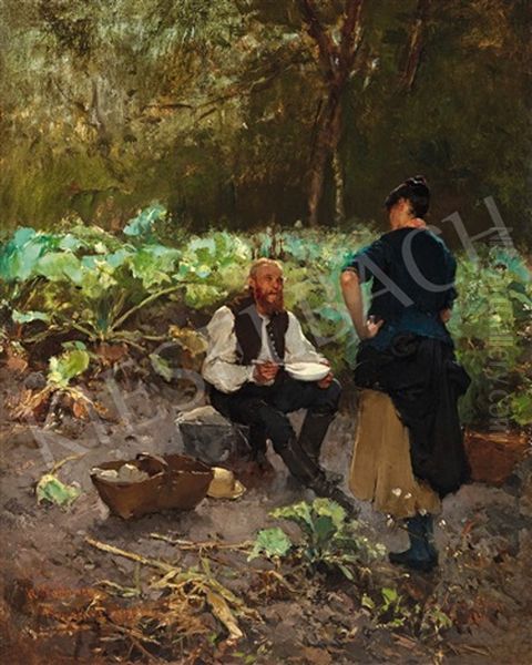 In Conversation (in The Kitchen Garden) Oil Painting by Lajos Deak Ebner