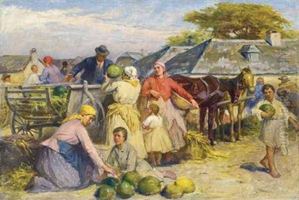 Melon Market Oil Painting by Lajos Deak Ebner